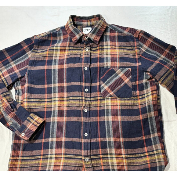 Zara Plaid Heavyweight Button Up Flannel Shirt Men's M Brown Blue - Picture 4 of 5